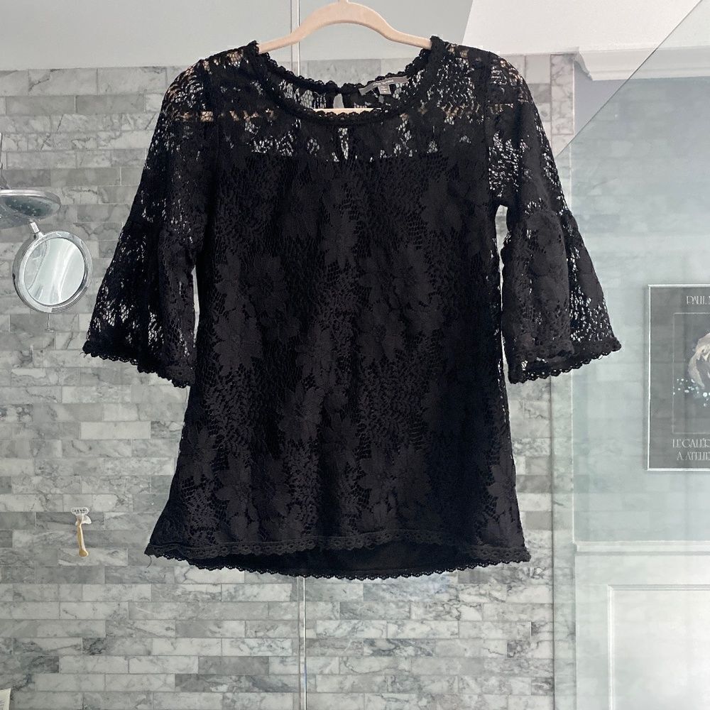 Blue Tassel black lace top with 3/4 bell sleeves